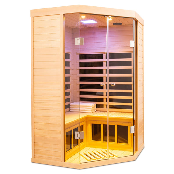 Deluxe Hemlock Far Infrared Corner Sauna Room with Glass Front for Two Persons
