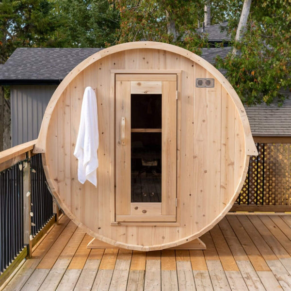 Dundalk Leisurecraft 84-Inch 4-Person Canadian Timber Harmony Barrel Sauna With Solid Wood Benches [CTC22W] (SAK96842)